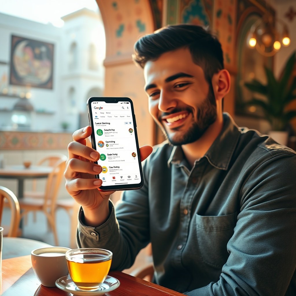 {"prompt":"A young Moroccan entrepreneur in a vibrant café in Casablanca, holding a smartphone displaying a Google search results page with local business listings and map pins. The café has traditional Moroccan decor with zellige tiles and warm ambient lighting. The person is smiling, focused on the screen, with a cup of mint tea beside them. The scene conveys connectivity and modern business, with soft golden hour light streaming through a window, casting warm tones on the scene. Colors include terracotta, blue, and gold, creating a welcoming and dynamic mood.","originalPrompt":"A young Moroccan entrepreneur in a vibrant café in Casablanca, holding a smartphone displaying a Google search results page with local business listings and map pins. The café has traditional Moroccan decor with zellige tiles and warm ambient lighting. The person is smiling, focused on the screen, with a cup of mint tea beside them. The scene conveys connectivity and modern business, with soft golden hour light streaming through a window, casting warm tones on the scene. Colors include terracotta, blue, and gold, creating a welcoming and dynamic mood.","width":1024,"height":1024,"seed":42,"model":"flux","safe":false,"quality":"medium","image":[],"transparent":false,"reasoning":"balanced","audio":true,"dimensionsExplicit":true,"has_nsfw_concept":false,"concept":null,"trackingData":{"actualModel":"flux","usage":{"completionImageTokens":1,"totalTokenCount":1}}}