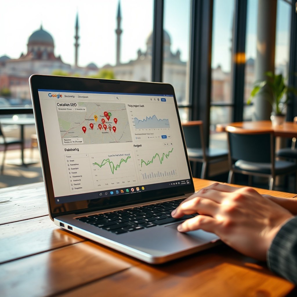 Professional working on local SEO dashboard in Casablanca café, illustrating netlinking local Casablanca techniques for building local backlinks