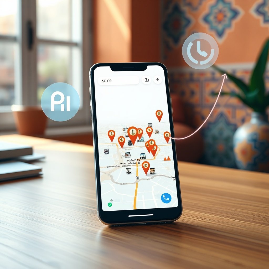{"prompt":"A sleek modern smartphone centered on a minimalist wooden desk, its screen brightly displaying a hyper-localized Google Maps interface with multiple glowing location pins across a stylized Moroccan cityscape. Subtle translucent overlays of SEO metrics, a magnifying glass icon, and a rising trend line float around the device. In the softly blurred background, warm terracotta walls and intricate zellige tilework suggest a Marrakech-inspired workspace. The color palette features crisp whites, deep cobalt blues, and earthy ochres. The mood is professional, innovative, and deeply rooted in local commerce. Lighting is soft, diffused daylight streaming from a side window, casting gentle shadows while the phone screen emits a cool, inviting glow that highlights the digital interface.","originalPrompt":"A sleek modern smartphone centered on a minimalist wooden desk, its screen brightly displaying a hyper-localized Google Maps interface with multiple glowing location pins across a stylized Moroccan cityscape. Subtle translucent overlays of SEO metrics, a magnifying glass icon, and a rising trend line float around the device. In the softly blurred background, warm terracotta walls and intricate zellige tilework suggest a Marrakech-inspired workspace. The color palette features crisp whites, deep cobalt blues, and earthy ochres. The mood is professional, innovative, and deeply rooted in local commerce. Lighting is soft, diffused daylight streaming from a side window, casting gentle shadows while the phone screen emits a cool, inviting glow that highlights the digital interface.","width":1024,"height":1024,"seed":42,"model":"black-forest-labs/flux.1-schnell","safe":false,"quality":"medium","image":[],"transparent":false,"reasoning":"balanced","audio":true,"dimensionsExplicit":true,"has_nsfw_concept":false,"concept":null,"trackingData":{"actualModel":"black-forest-labs/flux.1-schnell","usage":{"completionImageTokens":1,"totalTokenCount":1}}}