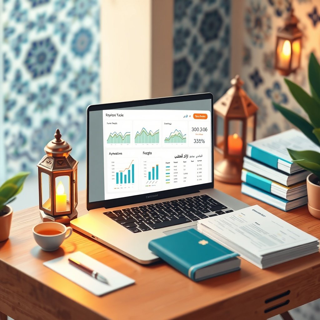 Marketing automation SEO Maroc dashboard on laptop with Moroccan tea and zellige tiles, illustrating local SEO automation tools.