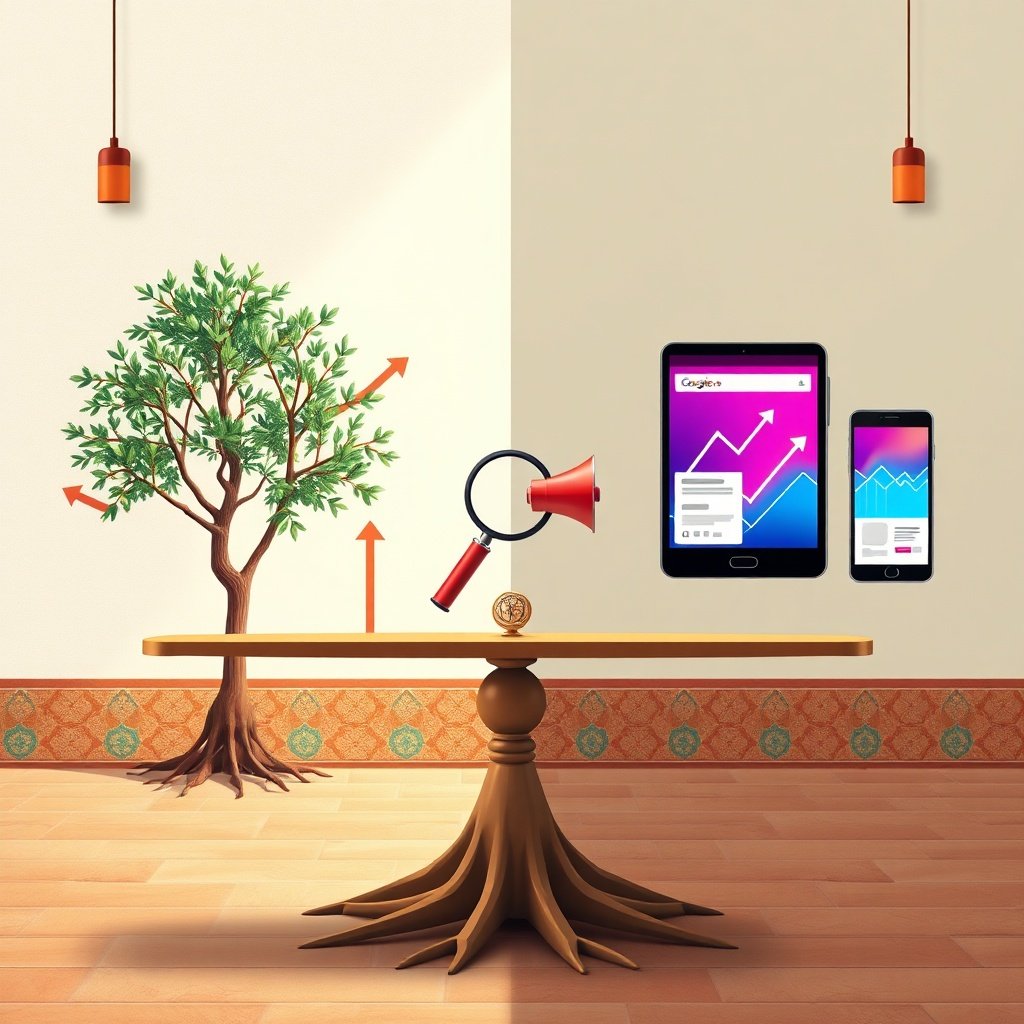 {"prompt":"A professional split-composition illustration designed for a digital marketing context, featuring a modern Moroccan business workspace as the setting. On the left half, a healthy tree with deep, visible roots and gentle upward arrows symbolizes long-term organic growth, surrounded by subtle geometric zellige tile patterns and colored in earthy terracotta, sage green, and warm sand tones. On the right half, sleek floating smartphone and tablet screens display social media and search engine ad interfaces, accented with swift neon cyan and violet gradients, plus rapid upward indicators representing immediate paid visibility. Both sides converge toward a central minimalist balance beam holding a magnifying glass and a megaphone. The lighting is soft, diffused studio illumination with crisp edge highlights that separate the organic and digital zones while maintaining a cohesive, strategic mood. Colors transition smoothly from natural warm hues to vibrant tech tones, creating a balanced, forward-thinking atmosphere ideal for B2B content.","originalPrompt":"A professional split-composition illustration designed for a digital marketing context, featuring a modern Moroccan business workspace as the setting. On the left half, a healthy tree with deep, visible roots and gentle upward arrows symbolizes long-term organic growth, surrounded by subtle geometric zellige tile patterns and colored in earthy terracotta, sage green, and warm sand tones. On the right half, sleek floating smartphone and tablet screens display social media and search engine ad interfaces, accented with swift neon cyan and violet gradients, plus rapid upward indicators representing immediate paid visibility. Both sides converge toward a central minimalist balance beam holding a magnifying glass and a megaphone. The lighting is soft, diffused studio illumination with crisp edge highlights that separate the organic and digital zones while maintaining a cohesive, strategic mood. Colors transition smoothly from natural warm hues to vibrant tech tones, creating a balanced, forward-thinking atmosphere ideal for B2B content.","width":1024,"height":1024,"seed":42,"model":"black-forest-labs/flux.1-schnell","safe":false,"quality":"medium","image":[],"transparent":false,"reasoning":"balanced","audio":true,"dimensionsExplicit":true,"has_nsfw_concept":false,"concept":null,"trackingData":{"actualModel":"black-forest-labs/flux.1-schnell","usage":{"completionImageTokens":1,"totalTokenCount":1}}}