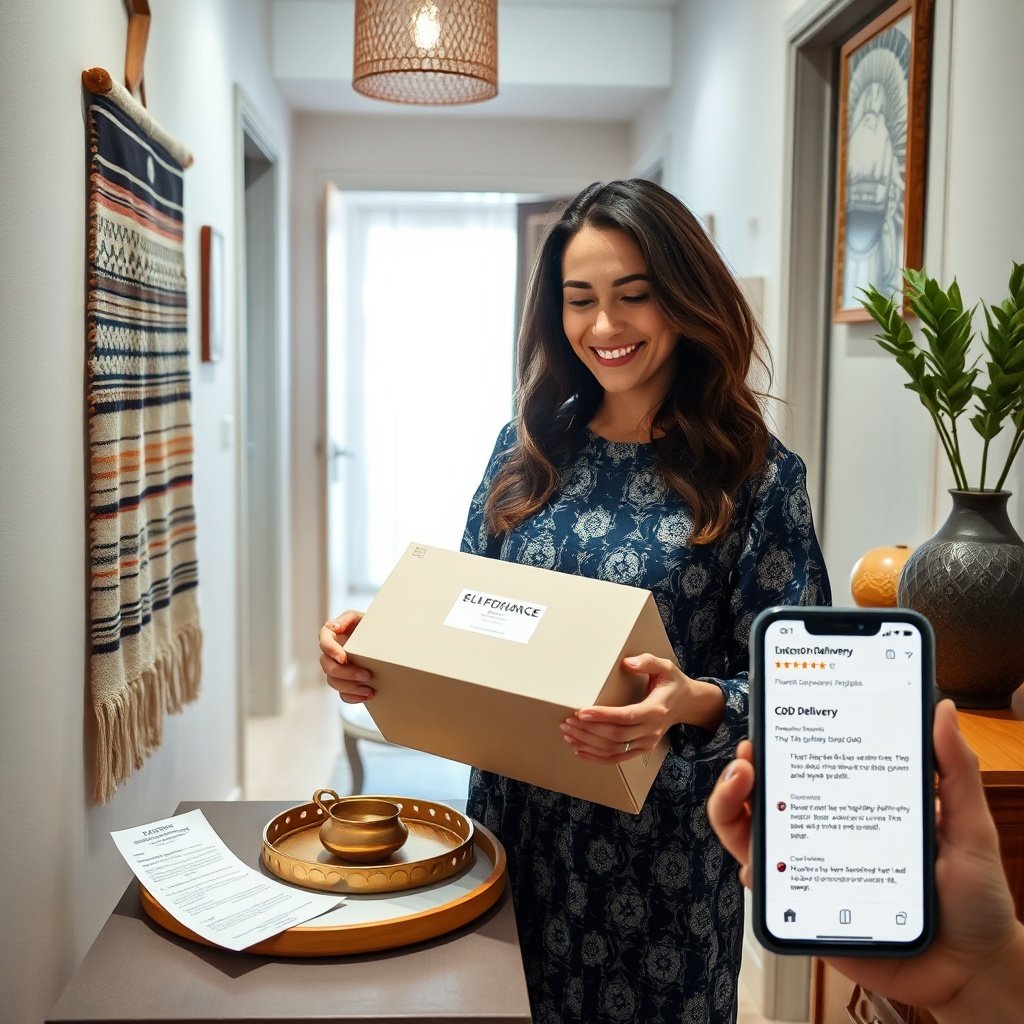 Scène illustrant comment une stratégie de contenu e-commerce Maroc renforce la confiance client grâce à la preuve sociale locale, au paiement à la livraison et aux avis authentiques.
