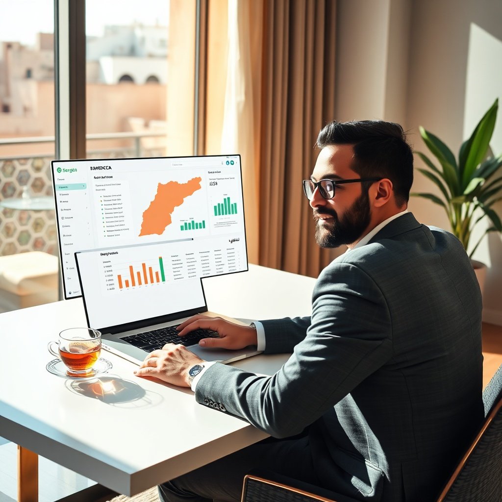 {"prompt":"A professional digital marketing specialist in a modern office in Casablanca, Morocco, sits at a sleek desk with a laptop open to an SEO dashboard. The screen displays a map of Morocco overlaid with search volume graphs and keyword lists in French and Arabic. A cup of traditional mint tea sits beside the laptop, and the background features a subtle Moroccan zellige tile pattern. The room is bathed in warm, natural afternoon light from a large window, casting soft shadows. The mood is focused and optimistic, with vibrant colors of terracotta, deep blue, and green reflecting the Moroccan aesthetic.","originalPrompt":"A professional digital marketing specialist in a modern office in Casablanca, Morocco, sits at a sleek desk with a laptop open to an SEO dashboard. The screen displays a map of Morocco overlaid with search volume graphs and keyword lists in French and Arabic. A cup of traditional mint tea sits beside the laptop, and the background features a subtle Moroccan zellige tile pattern. The room is bathed in warm, natural afternoon light from a large window, casting soft shadows. The mood is focused and optimistic, with vibrant colors of terracotta, deep blue, and green reflecting the Moroccan aesthetic.","width":1024,"height":1024,"seed":42,"model":"flux","safe":false,"quality":"medium","image":[],"transparent":false,"reasoning":"balanced","audio":true,"dimensionsExplicit":true,"has_nsfw_concept":false,"concept":null,"trackingData":{"actualModel":"flux","usage":{"completionImageTokens":1,"totalTokenCount":1}}}
