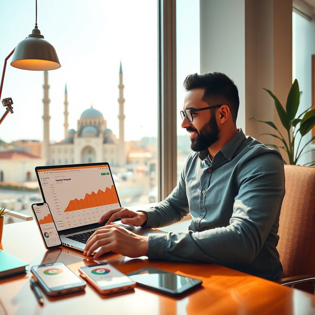 {"prompt":"A modern Moroccan e-commerce entrepreneur in a stylish office in Casablanca, working on a laptop with an analytics dashboard showing rising traffic and rankings, surrounded by mobile devices displaying a bilingual (Arabic and French) online store interface. The scene includes a large window with a view of the Hassan II Mosque, warm sunlight, and a color palette of orange, teal, and white. The mood is optimistic and dynamic, with a focus on digital growth and local success.","originalPrompt":"A modern Moroccan e-commerce entrepreneur in a stylish office in Casablanca, working on a laptop with an analytics dashboard showing rising traffic and rankings, surrounded by mobile devices displaying a bilingual (Arabic and French) online store interface. The scene includes a large window with a view of the Hassan II Mosque, warm sunlight, and a color palette of orange, teal, and white. The mood is optimistic and dynamic, with a focus on digital growth and local success.","width":1024,"height":1024,"seed":42,"model":"flux","safe":false,"quality":"medium","image":[],"transparent":false,"reasoning":"balanced","audio":true,"dimensionsExplicit":true,"has_nsfw_concept":false,"concept":null,"trackingData":{"actualModel":"flux","usage":{"completionImageTokens":1,"totalTokenCount":1}}}