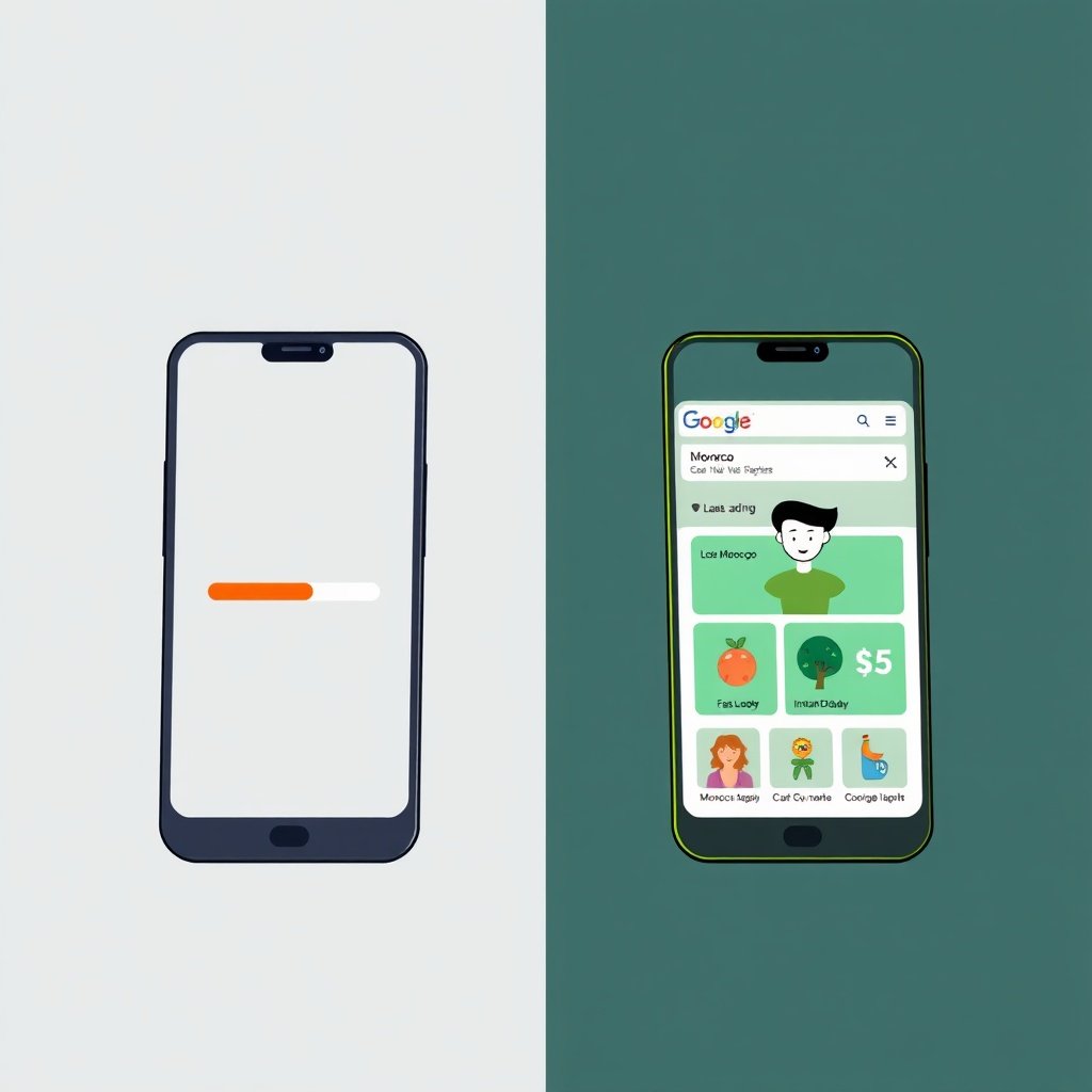 Optimisation e-commerce Maroc Google 2026 - comparison of slow vs fast mobile e-commerce loading times, highlighting Core Web Vitals for Moroccan online stores.