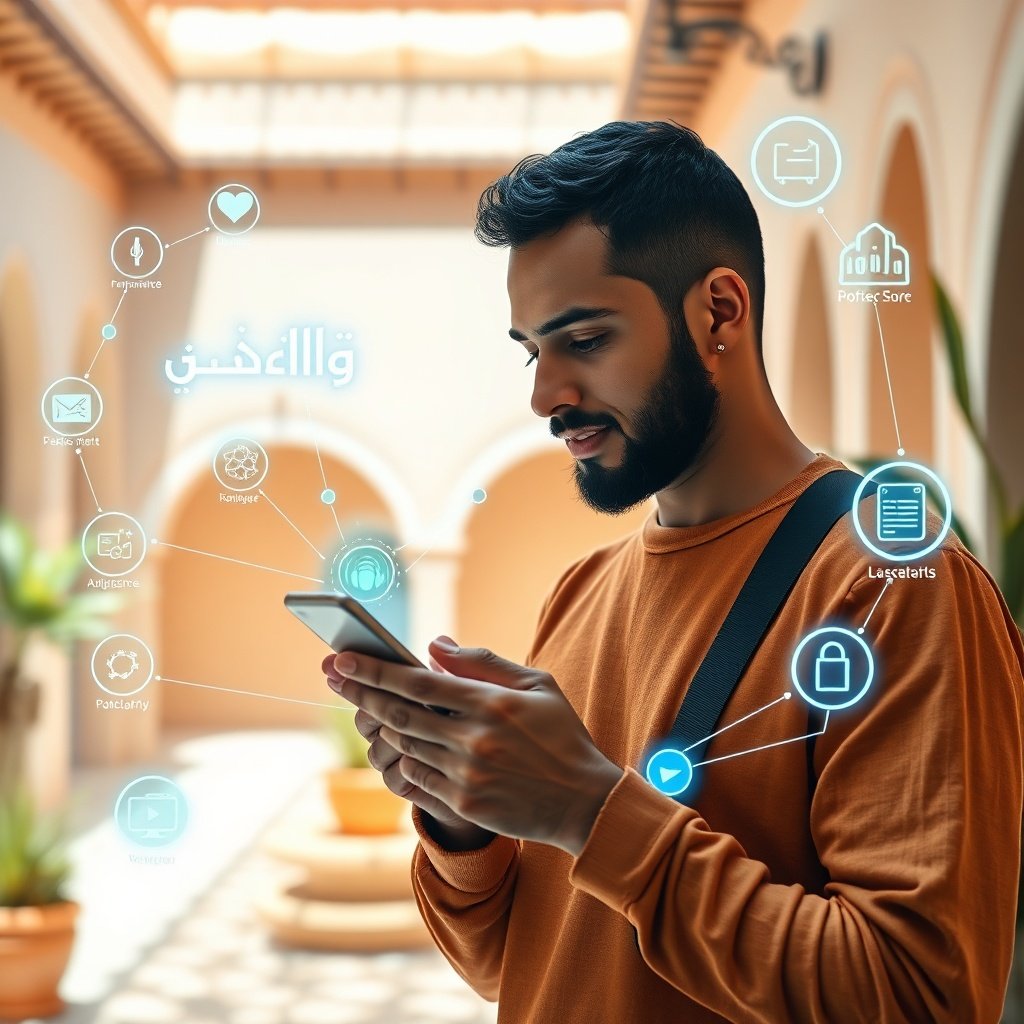 Smartphone displaying animated audio waves and Darija text overlays against a modern workspace backdrop, illustrating essential Tendances SEO 2026 Maroc techniques for voice recognition and mobile-first indexing.