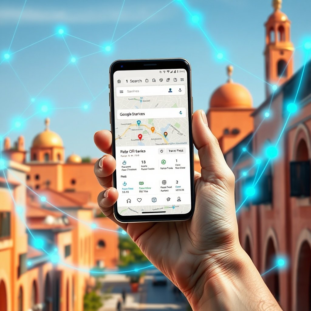 Mobile-first SEO Maroc search interface displaying geo-targeted rankings and performance graphs over a vibrant Moroccan cityscape for hyper-local digital growth