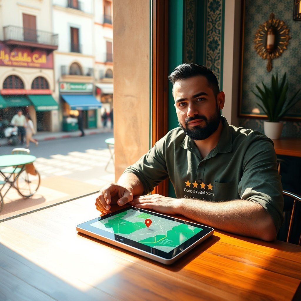 {"prompt":"A modern Moroccan café owner sitting at a sunlit wooden table near a window overlooking a vibrant Casablanca street scene. On the table, a sleek tablet displays a glowing Google Business Profile map pin with rising search metrics and five-star rating icons floating subtly above it. The color palette features warm terracotta, deep emerald green, and soft gold accents reflecting Moroccan tile patterns subtly in the background. The mood is focused, optimistic, and grounded in local entrepreneurship. Lighting is natural morning sunlight streaming through the window, creating soft shadows and highlighting the digital interface alongside traditional zellige-inspired decor.","originalPrompt":"A modern Moroccan café owner sitting at a sunlit wooden table near a window overlooking a vibrant Casablanca street scene. On the table, a sleek tablet displays a glowing Google Business Profile map pin with rising search metrics and five-star rating icons floating subtly above it. The color palette features warm terracotta, deep emerald green, and soft gold accents reflecting Moroccan tile patterns subtly in the background. The mood is focused, optimistic, and grounded in local entrepreneurship. Lighting is natural morning sunlight streaming through the window, creating soft shadows and highlighting the digital interface alongside traditional zellige-inspired decor.","width":1024,"height":1024,"seed":42,"model":"black-forest-labs/flux.1-schnell","safe":false,"quality":"medium","image":[],"transparent":false,"reasoning":"balanced","audio":true,"dimensionsExplicit":true,"has_nsfw_concept":false,"concept":null,"trackingData":{"actualModel":"black-forest-labs/flux.1-schnell","usage":{"completionImageTokens":1,"totalTokenCount":1}}}