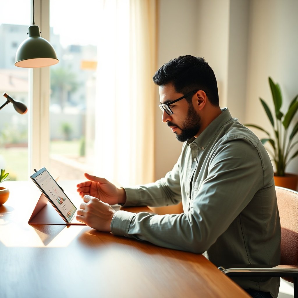 {"prompt":"A contemporary Moroccan small business owner sitting at a sleek wooden desk in a sunlit, modern workspace, intently reviewing analytics on a tablet and smartphone. The screens display vibrant UI elements representing WhatsApp chats, Instagram posts, and e-commerce dashboards, overlaid with subtle Arabic calligraphy and Darija text snippets. Soft green and terracotta accents reflect Moroccan design sensibilities. The mood is focused and forward-thinking, illuminated by warm natural daylight streaming through a large window, complemented by the cool, crisp glow of digital screens.","originalPrompt":"A contemporary Moroccan small business owner sitting at a sleek wooden desk in a sunlit, modern workspace, intently reviewing analytics on a tablet and smartphone. The screens display vibrant UI elements representing WhatsApp chats, Instagram posts, and e-commerce dashboards, overlaid with subtle Arabic calligraphy and Darija text snippets. Soft green and terracotta accents reflect Moroccan design sensibilities. The mood is focused and forward-thinking, illuminated by warm natural daylight streaming through a large window, complemented by the cool, crisp glow of digital screens.","width":1024,"height":1024,"seed":42,"model":"black-forest-labs/flux.1-schnell","safe":false,"quality":"medium","image":[],"transparent":false,"reasoning":"balanced","dimensionsExplicit":true,"has_nsfw_concept":false,"concept":null,"trackingData":{"actualModel":"black-forest-labs/flux.1-schnell","usage":{"completionImageTokens":1,"totalTokenCount":1}}}