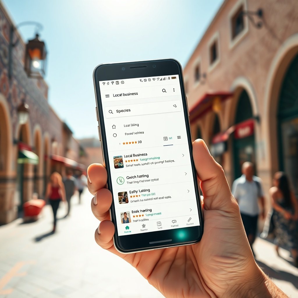 Smartphone montrant des résultats de recherche mobiles optimisés pour le référencement site web maroc, avec avis vérifiés et indicateurs de performance dans un cadre urbain marocain authentique.