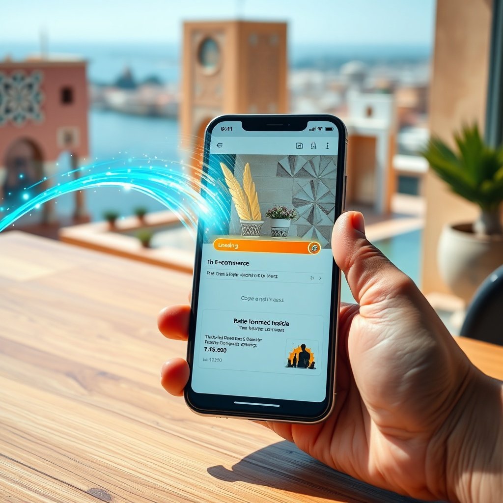 {"prompt":"A sleek modern smartphone held by a hand rests on a wooden table, its screen displaying a rapidly loading e-commerce website with smooth animations and clear typography. Glowing cyan and gold data streams flow from the device into a softly blurred background featuring contemporary Moroccan architecture with geometric zellige patterns and a distant view of a coastal cityscape. The color palette blends warm terracotta and sandstone tones with cool tech blues and vibrant accents. The mood is dynamic, professional, and innovative, illuminated by bright natural daylight with subtle digital luminescence emanating from the screen to emphasize speed and connectivity.","originalPrompt":"A sleek modern smartphone held by a hand rests on a wooden table, its screen displaying a rapidly loading e-commerce website with smooth animations and clear typography. Glowing cyan and gold data streams flow from the device into a softly blurred background featuring contemporary Moroccan architecture with geometric zellige patterns and a distant view of a coastal cityscape. The color palette blends warm terracotta and sandstone tones with cool tech blues and vibrant accents. The mood is dynamic, professional, and innovative, illuminated by bright natural daylight with subtle digital luminescence emanating from the screen to emphasize speed and connectivity.","width":1024,"height":1024,"seed":42,"model":"black-forest-labs/flux.1-schnell","safe":false,"quality":"medium","image":[],"transparent":false,"reasoning":"balanced","dimensionsExplicit":true,"has_nsfw_concept":false,"concept":null,"trackingData":{"actualModel":"black-forest-labs/flux.1-schnell","usage":{"completionImageTokens":1,"totalTokenCount":1}}}