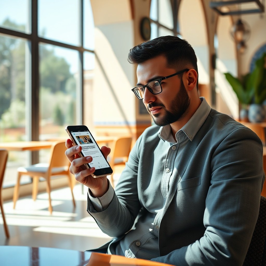 {"prompt":"A modern Moroccan entrepreneur sitting in a sunlit, contemporary café with traditional zellige tile accents, holding a sleek smartphone. On the screen, a dynamic visualization of a high-performance website loading instantly, featuring smooth scrolling animations and optimized media. The scene blends warm terracotta and azure blue tones with clean whites and soft greens, evoking a professional yet innovative atmosphere. Natural daylight streams through large windows, casting gentle shadows, while a subtle digital glow emanates from the device screen, highlighting speed and fluidity. Cinematic composition, photorealistic style, shallow depth of field focusing on the phone interface and user's focused expression.","originalPrompt":"A modern Moroccan entrepreneur sitting in a sunlit, contemporary café with traditional zellige tile accents, holding a sleek smartphone. On the screen, a dynamic visualization of a high-performance website loading instantly, featuring smooth scrolling animations and optimized media. The scene blends warm terracotta and azure blue tones with clean whites and soft greens, evoking a professional yet innovative atmosphere. Natural daylight streams through large windows, casting gentle shadows, while a subtle digital glow emanates from the device screen, highlighting speed and fluidity. Cinematic composition, photorealistic style, shallow depth of field focusing on the phone interface and user's focused expression.","width":1024,"height":1024,"seed":42,"model":"black-forest-labs/flux.1-schnell","safe":false,"quality":"medium","image":[],"transparent":false,"reasoning":"balanced","dimensionsExplicit":true,"has_nsfw_concept":false,"concept":null,"trackingData":{"actualModel":"black-forest-labs/flux.1-schnell","usage":{"completionImageTokens":1,"totalTokenCount":1}}}