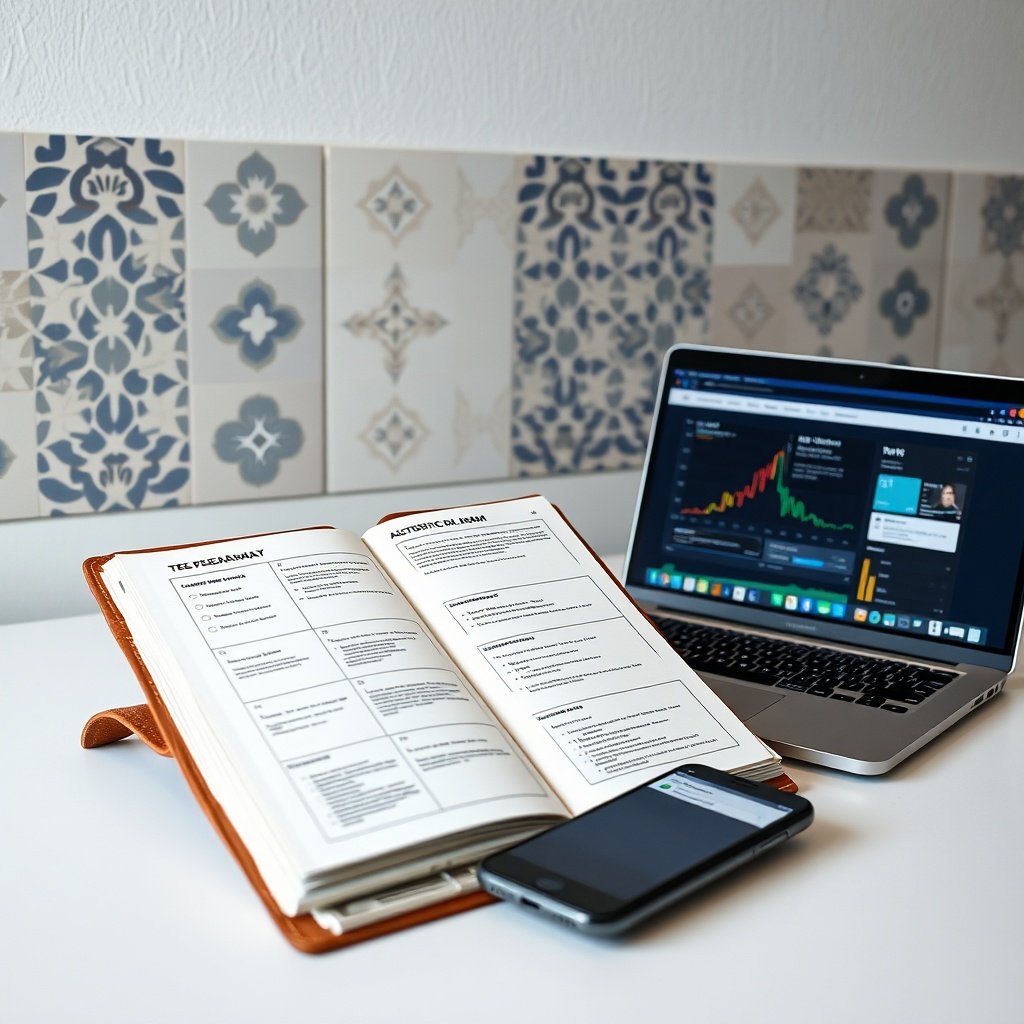 Un espace de travail organisé présentant un plan structuré de stratégie digitale PME Maroc, alliant outils d'optimisation IA, suivi des résultats et références visuelles au patrimoine marocain, pour une approche business adaptée aux réalités locales.