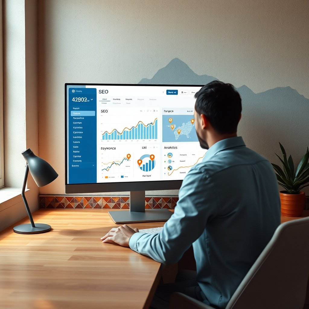 Interface analytique dédiée au référencement international maroc, illustrant la combinaison entre optimisation éditoriale en français et en arabe et suivi des indicateurs locaux adaptés aux habitudes de recherche marocaines.