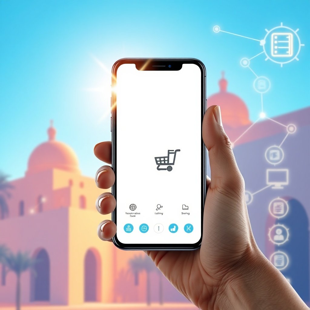{"prompt":"A photorealistic digital illustration centered on a modern smartphone held by a professional hand, displaying a lightning-fast responsive e-commerce interface with smooth scroll animations and instant tap feedback. The background merges a sun-drenched, minimalist silhouette of contemporary Moroccan architecture with translucent, glowing network topology lines and localized server rack icons, symbolizing domestic hosting infrastructure. The color palette features vibrant cobalt blues, warm terracotta accents, and crisp white UI elements. The mood is dynamic, forward-thinking, and highly optimized, illuminated by bright, diffused daylight that emphasizes screen clarity and seamless data transmission.","originalPrompt":"A photorealistic digital illustration centered on a modern smartphone held by a professional hand, displaying a lightning-fast responsive e-commerce interface with smooth scroll animations and instant tap feedback. The background merges a sun-drenched, minimalist silhouette of contemporary Moroccan architecture with translucent, glowing network topology lines and localized server rack icons, symbolizing domestic hosting infrastructure. The color palette features vibrant cobalt blues, warm terracotta accents, and crisp white UI elements. The mood is dynamic, forward-thinking, and highly optimized, illuminated by bright, diffused daylight that emphasizes screen clarity and seamless data transmission.","width":1024,"height":1024,"seed":42,"model":"black-forest-labs/flux.1-schnell","safe":false,"quality":"medium","image":[],"transparent":false,"reasoning":"balanced","audio":true,"dimensionsExplicit":true,"has_nsfw_concept":false,"concept":null,"trackingData":{"actualModel":"black-forest-labs/flux.1-schnell","usage":{"completionImageTokens":1,"totalTokenCount":1}}}