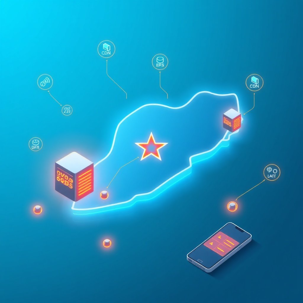Carte numérique du Maroc connectée à des serveurs locaux et un réseau CDN, montrant l'impact de l'hébergement et de la latence sur la performance web marocaine et l'optimisation technique.