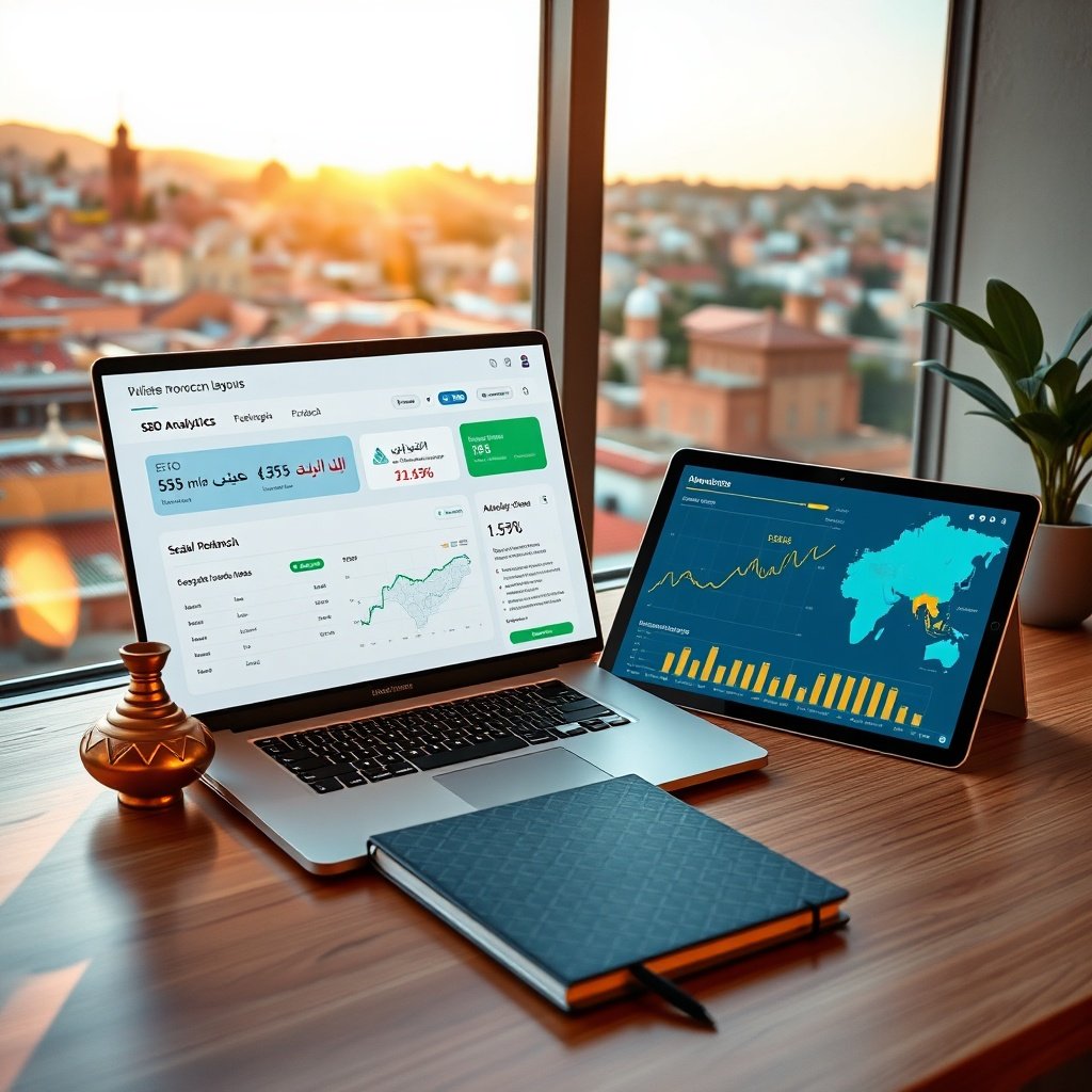 {"prompt":"A contemporary digital marketing workspace overlooking a vibrant Moroccan cityscape at golden hour. In the foreground, a sleek laptop and tablet display an SEO analytics dashboard featuring multilingual website layouts with French, Arabic script, and Darija phonetic text, alongside a dynamic map highlighting local search zones across Morocco. The desk includes subtle cultural accents like a brass tagine-shaped paperweight and a notebook with a geometric Berber pattern. Soft, warm sunlight streams through a large window, casting gentle shadows and creating a professional yet culturally grounded atmosphere. The color palette blends earthy terracotta, deep Majorelle blue, and crisp whites with glowing screen accents in cyan and gold. Mood: strategic, focused, and locally rooted. Lighting: natural golden hour illumination combined with cool monitor glow.","originalPrompt":"A contemporary digital marketing workspace overlooking a vibrant Moroccan cityscape at golden hour. In the foreground, a sleek laptop and tablet display an SEO analytics dashboard featuring multilingual website layouts with French, Arabic script, and Darija phonetic text, alongside a dynamic map highlighting local search zones across Morocco. The desk includes subtle cultural accents like a brass tagine-shaped paperweight and a notebook with a geometric Berber pattern. Soft, warm sunlight streams through a large window, casting gentle shadows and creating a professional yet culturally grounded atmosphere. The color palette blends earthy terracotta, deep Majorelle blue, and crisp whites with glowing screen accents in cyan and gold. Mood: strategic, focused, and locally rooted. Lighting: natural golden hour illumination combined with cool monitor glow.","width":1024,"height":1024,"seed":42,"model":"black-forest-labs/flux.1-schnell","safe":false,"quality":"medium","image":[],"transparent":false,"reasoning":"balanced","dimensionsExplicit":true,"has_nsfw_concept":false,"concept":null,"trackingData":{"actualModel":"black-forest-labs/flux.1-schnell","usage":{"completionImageTokens":1,"totalTokenCount":1}}}