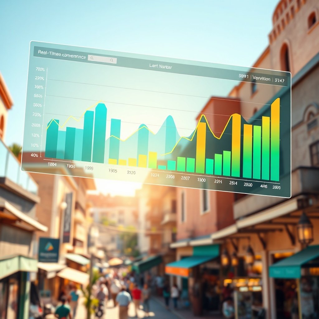 Analytics dashboard overlaying a thriving Moroccan business environment, showcasing how optimized site speed and technical SEO drive higher conversions for performance web maroc initiatives.