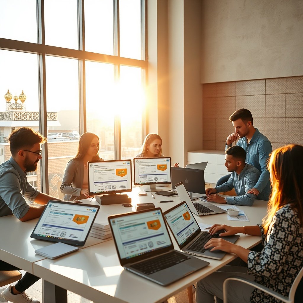 {"prompt":"A modern, sunlit co-working space in Casablanca featuring diverse young Moroccan professionals collaborating around a sleek communal desk. Multiple laptops and tablets display vibrant digital marketing dashboards with visible interfaces showing Arabic and French text, social media icons, and local payment gateway logos. The background wall features subtle geometric Moroccan zellige tile patterns integrated into contemporary architecture. Warm golden-hour sunlight streams through large floor-to-ceiling windows, creating soft lens flares and gentle shadows across the workspace. The atmosphere is dynamic, innovative, and culturally grounded, blending cutting-edge technology with North African heritage. Photorealistic, high-resolution, commercial photography style.","originalPrompt":"A modern, sunlit co-working space in Casablanca featuring diverse young Moroccan professionals collaborating around a sleek communal desk. Multiple laptops and tablets display vibrant digital marketing dashboards with visible interfaces showing Arabic and French text, social media icons, and local payment gateway logos. The background wall features subtle geometric Moroccan zellige tile patterns integrated into contemporary architecture. Warm golden-hour sunlight streams through large floor-to-ceiling windows, creating soft lens flares and gentle shadows across the workspace. The atmosphere is dynamic, innovative, and culturally grounded, blending cutting-edge technology with North African heritage. Photorealistic, high-resolution, commercial photography style.","width":1024,"height":1024,"seed":42,"model":"black-forest-labs/flux.1-schnell","safe":false,"quality":"medium","image":[],"transparent":false,"reasoning":"balanced","dimensionsExplicit":true,"has_nsfw_concept":false,"concept":null,"trackingData":{"actualModel":"black-forest-labs/flux.1-schnell","usage":{"completionImageTokens":1,"totalTokenCount":1}}}