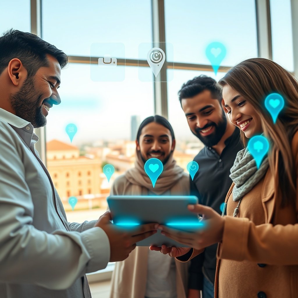 Scène professionnelle mettant en scène l'importance du référencement international maroc sur mobile, avec des icônes de recherche et d'annuaire flottantes.