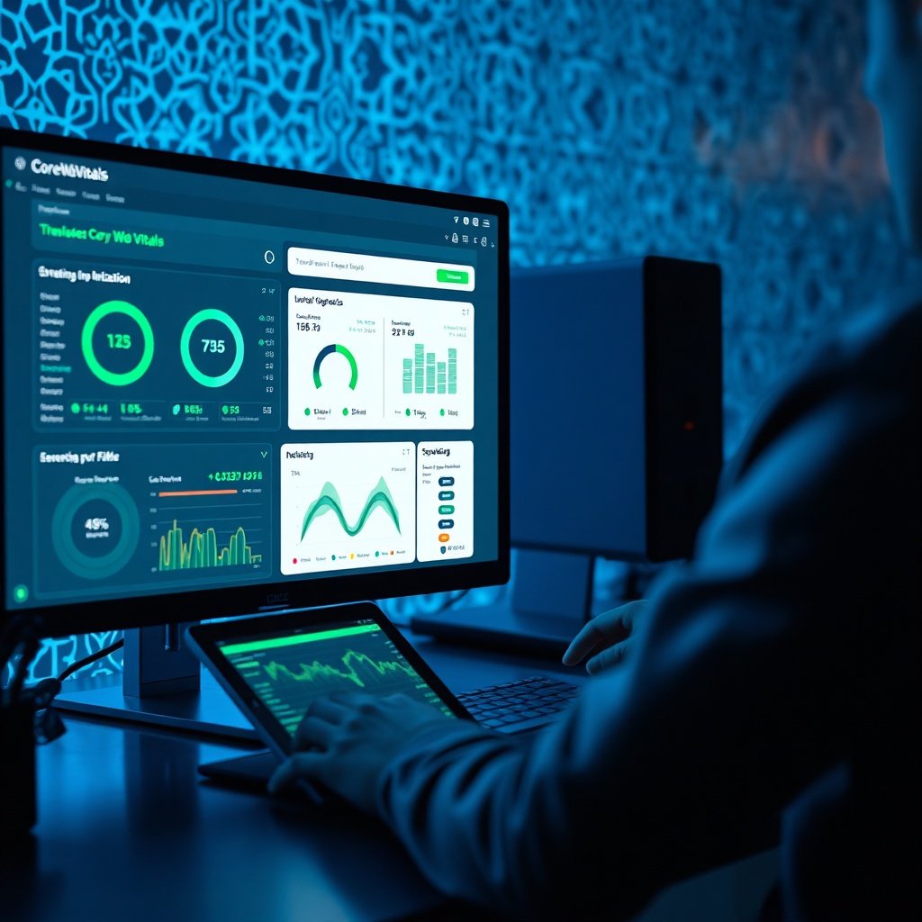 Espace de travail technique analysant les Core Web Vitals et l'infrastructure CDN pour améliorer la performance web maroc destinée aux entreprises et plateformes e-commerce locales.